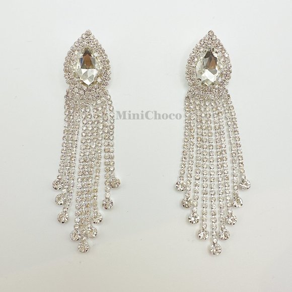 Silver Tone Rhinestone Pear Shape Button Fringe Drop Earrings - Picture 3 of 5